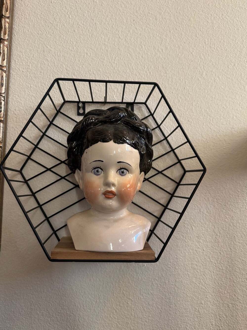 Antique China Doll Head Bust With Black Hair and Blue Eyes - ,